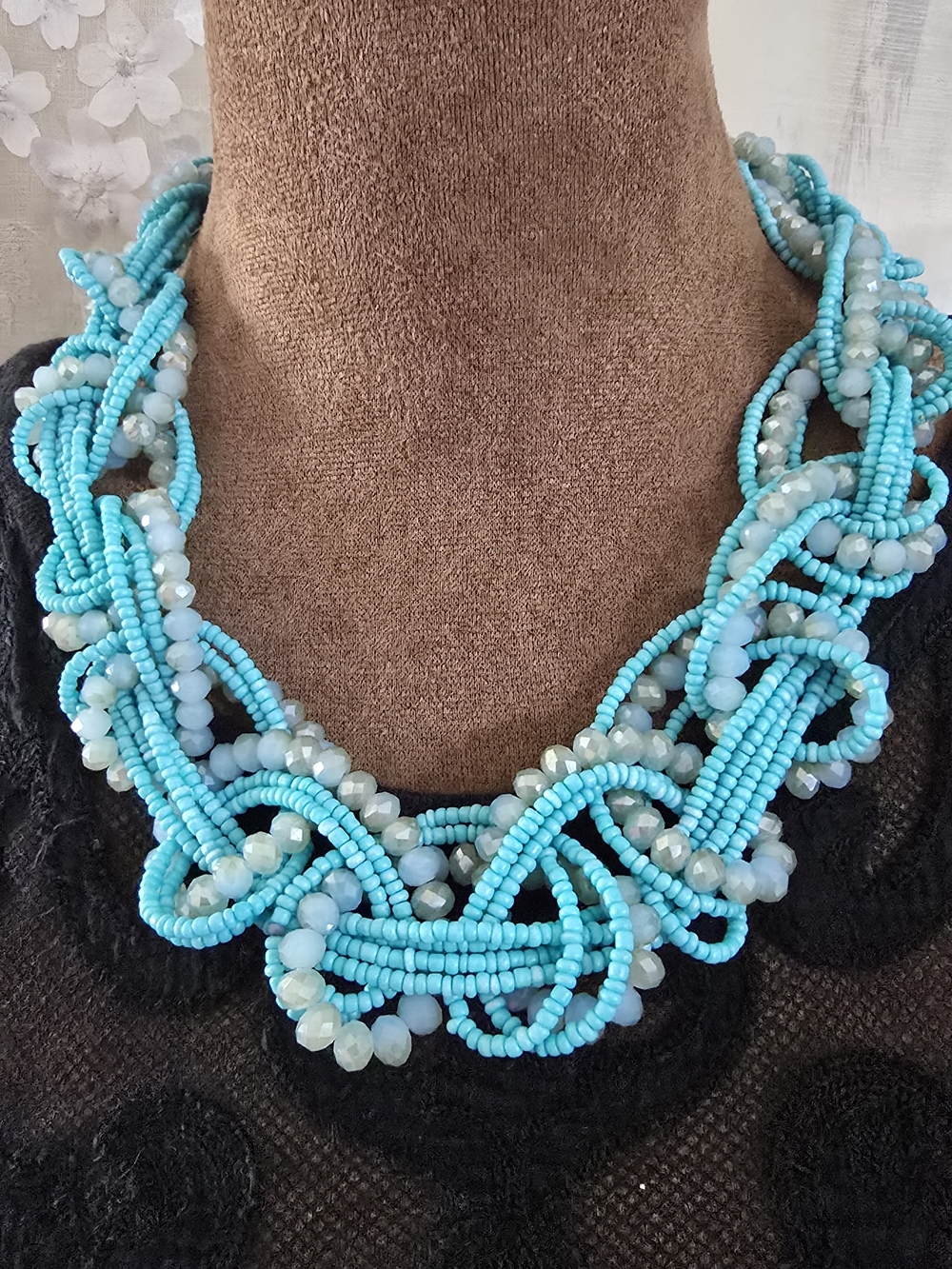 🦋 Turquoise Blue Seed Beaded Braided Statement Collar Necklace